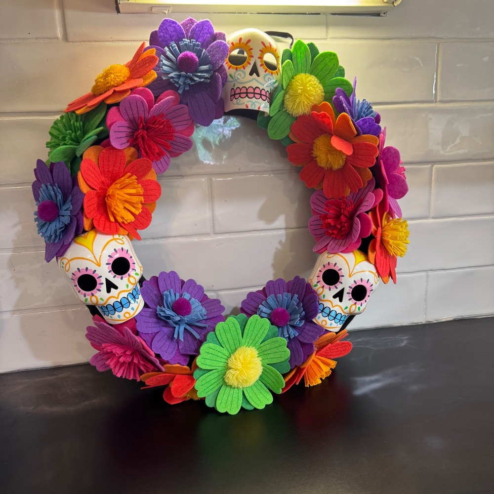 Wreath Home Decor 15in Multicolor Day of the Dead Sugar Skull Felt Floral